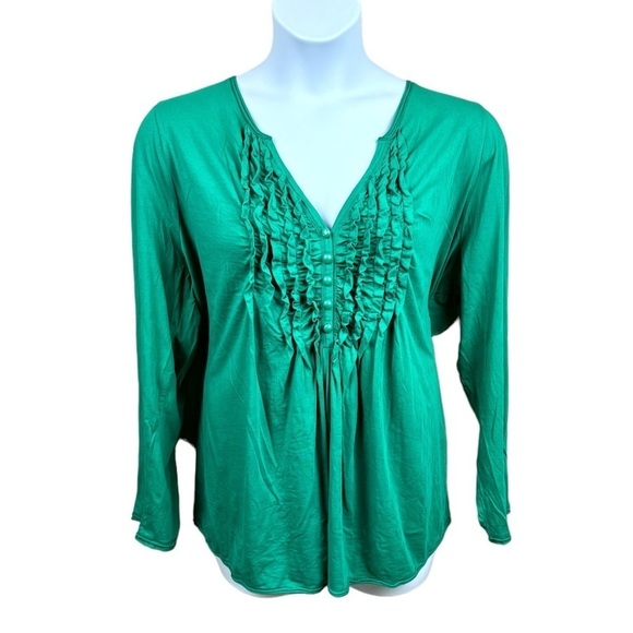 Lane Bryant Green Supima Cotton Pleated Ruffle Pullover V Neck Top - Picture 1 of 8